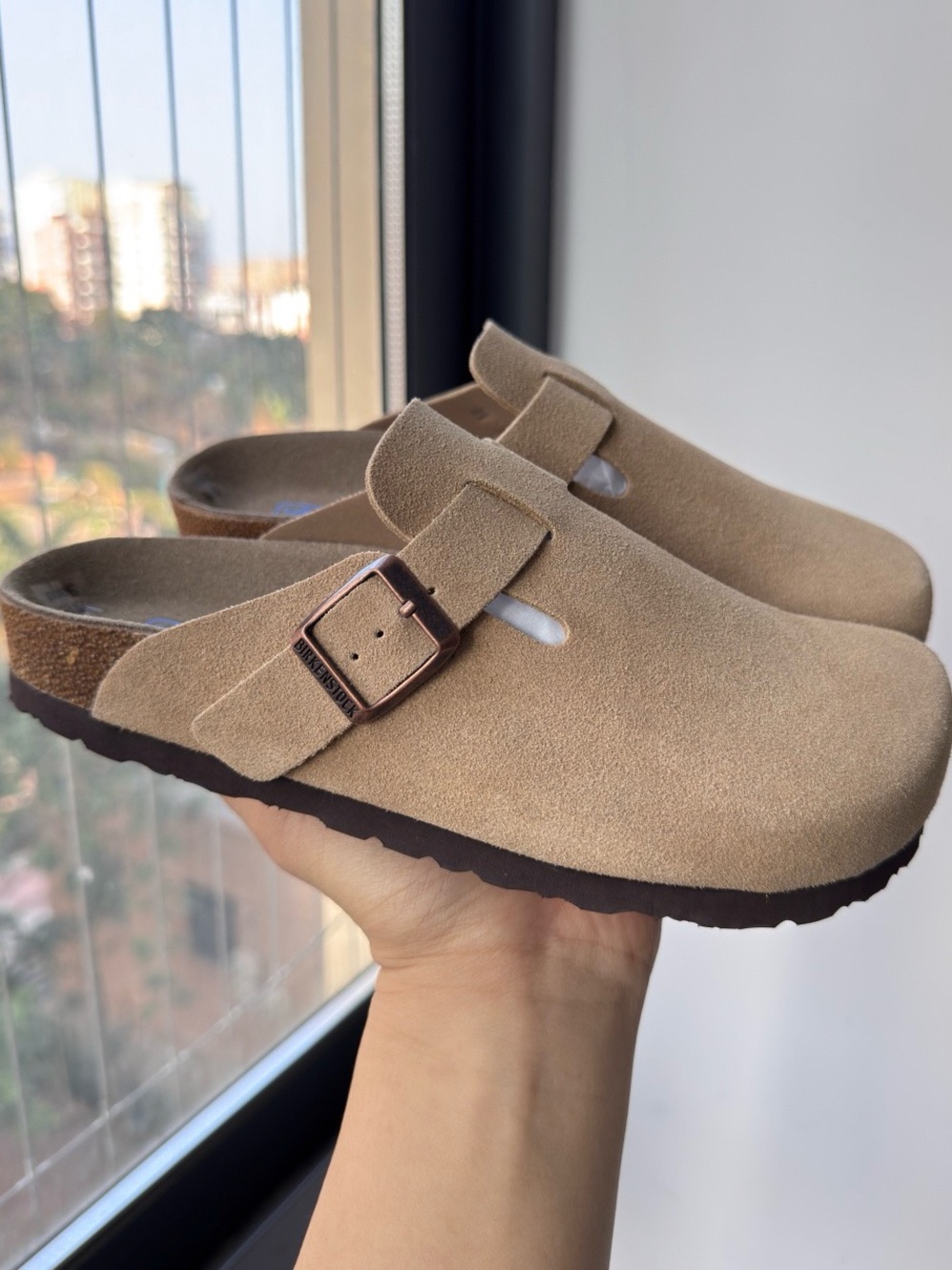 Birkenstock Boston taupe suede mule clogs